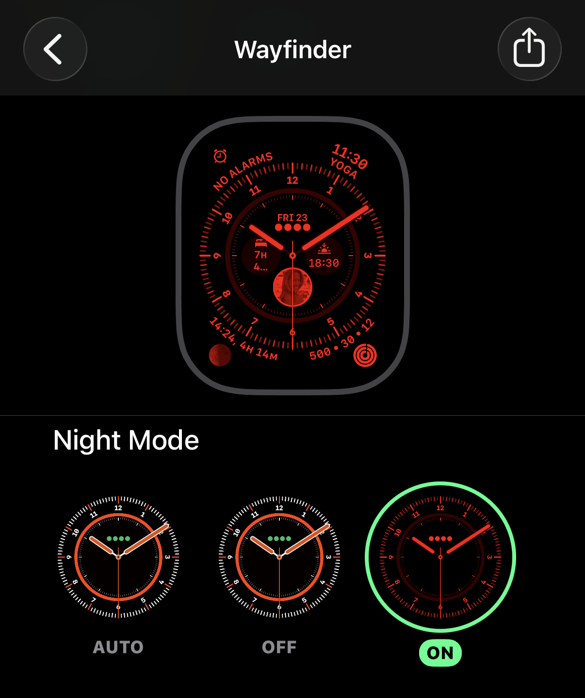 Screenshot of configuring the Wayfinder face, rendering the watch face in monochromatic, pure red.
