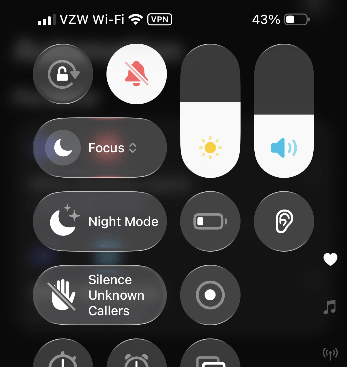 screenshot of Night Mode toggle in Control Center
